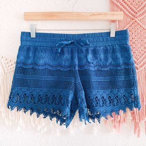 Blue Lace Scallop Detail Drawstring Shorts